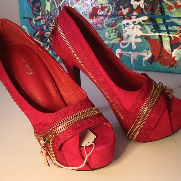 Story Show Peep Toe Red Zipper Shoes 7.5W - Picture 4 of 5